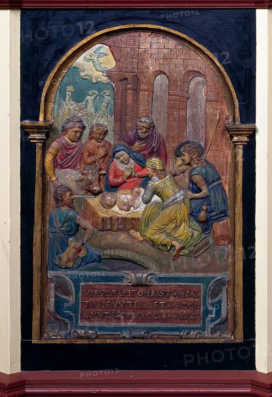 Relief panel in the baptismal font with the Christmas motif of the Adoration of the Shepherds, 2nd half of the 16th century, St., Saint, Saint