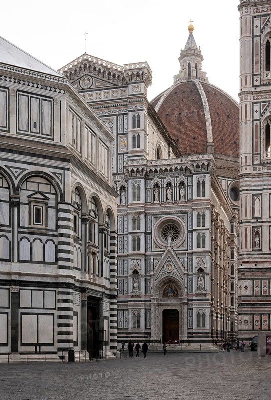 Florence, Firenze, Cathedral, Duomo Santa Maria del Fiore, Baptistery San Giovanni from southwest, behind the cathedral facade, dome and campanile