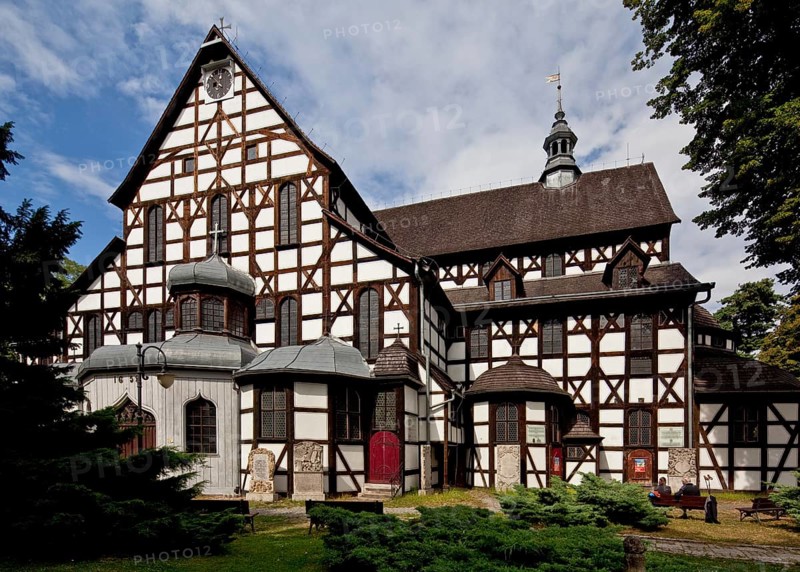 Protestant Church of Peace, partial view from the south, built 1656-57, largest half-timbered church in Europe with room for 7500 people, porch extensions on the right by Hans Poelzig around 1900, St., Sankt, Saint