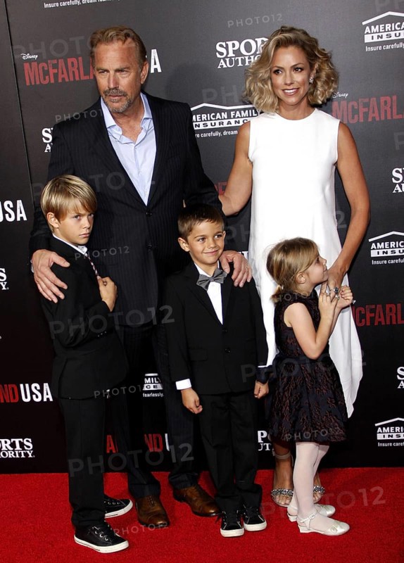 Kevin Costner, Christine Baumgartner, Grace Avery Costner, Hayes Logan Costner and Cayden Wyatt Costner at the Los Angeles premiere of 'McFarland, USA' held at the El Capitan Theater in Hollywood on February 9, 2015, Hollywood, California, USA, North America