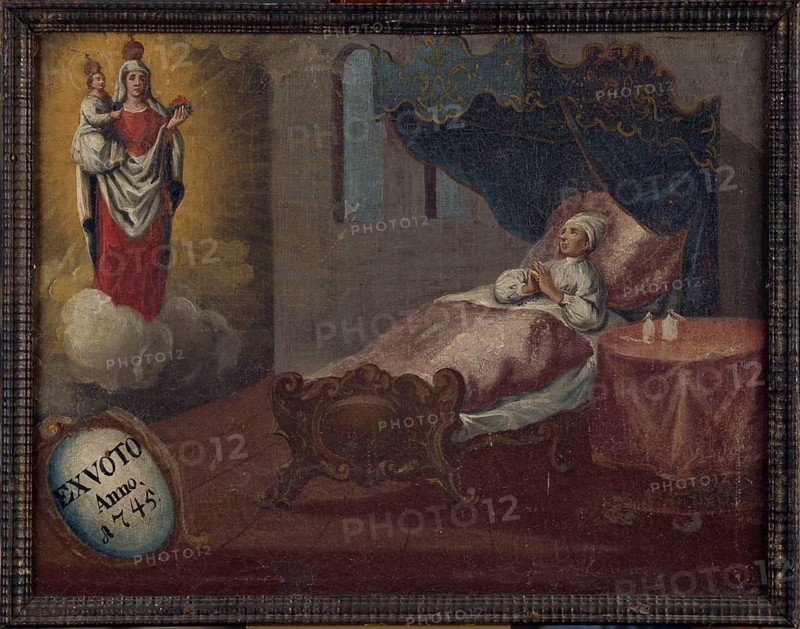 Votive picture from 1745 in the Nothelferkapelle, sick man with Marian apparition, St., Sankt, Saint