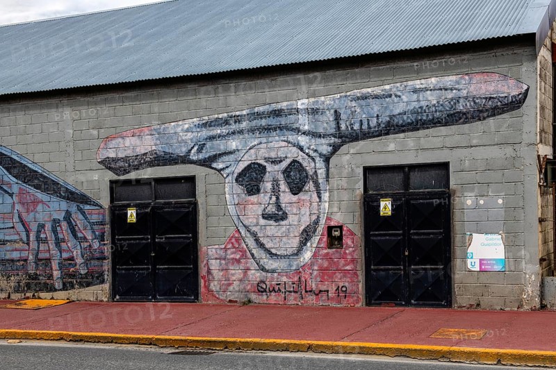 Mural with aboriginal ritual grove, Ushuaia, Argentina, South America