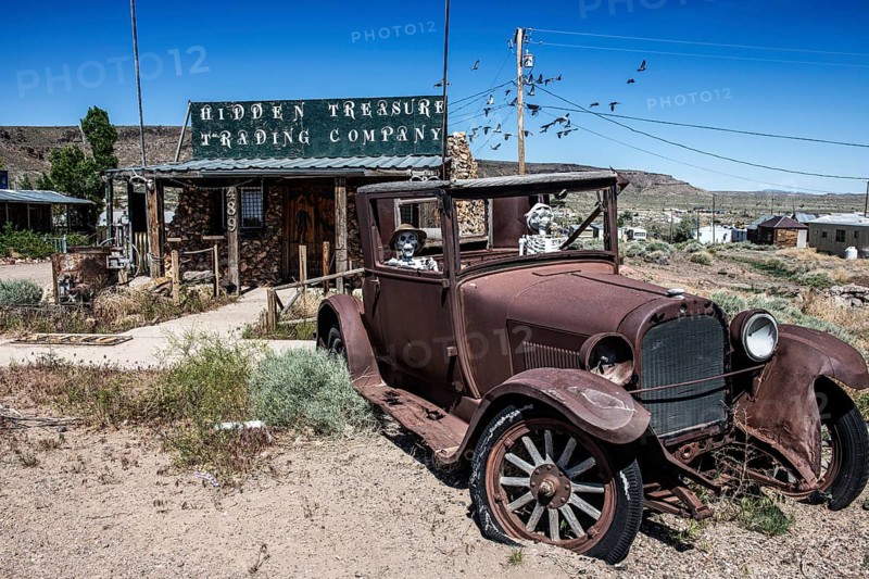 Fort T model with skeletons in the ghost town of Goldfield, Nevada, USA, North America