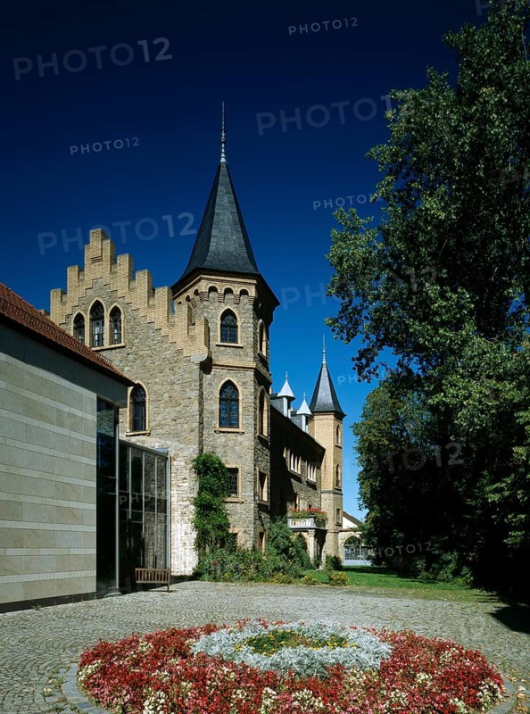 Spindlhof Castle, view from the south-east. Manor house from 1570, rebuilt in 1894 in neo-Gothic style, today the Albertus Magnus education and conference centre of the diocese of Regensburg