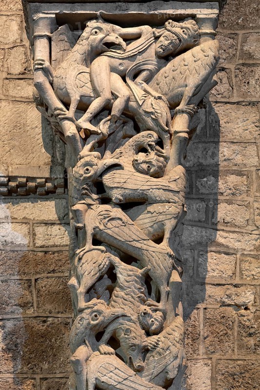 Souillac, former abbey church of Sainte-Marie, portal sculptures, relocated to the interior in the 17th century, beast pillars
