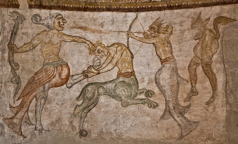 Italy S-Tyrol Tramin St Jakob in Kastellaz Apsis fresco bestiary left section, St., Saint, Saint