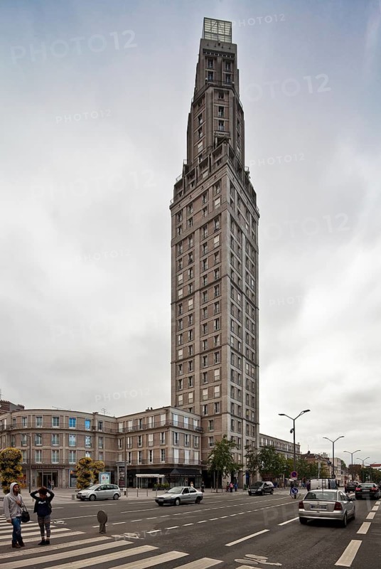View from the south, designed by Auguste Perret in 1942, built 1950-52, interior work until 1959, total height 110 metres