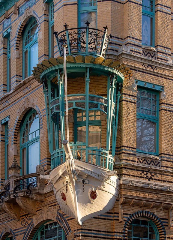 Antwerp, Art Nouveau houses, House of the Five Continents, built in 1901 by Frans Smet-Verhas, balcony in the shape of a ship