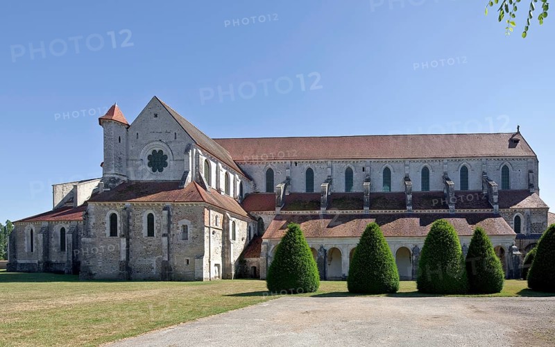 Pontigny Abbey Church Exterior view from the north Built 1145-1206. Largest preserved Cistercian church in France Total length 108 m, St., Saint, Saint