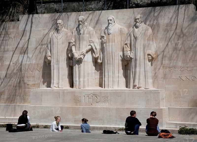 International monument to the Reformation with monumental figures of Guillaume Farel, John Calvin, Théodore de Bèze, John Knox