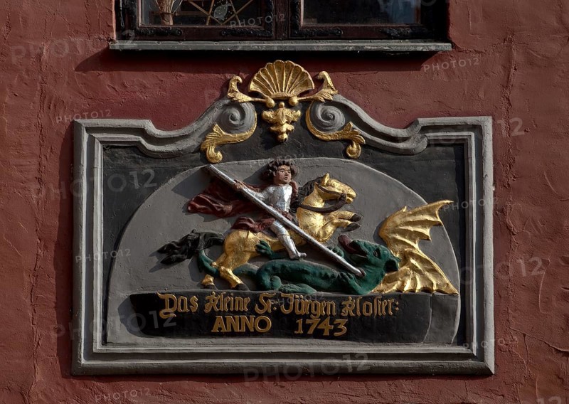 House sign, dated 1743, St George fighting a dragon The small St Jürgen monastery anno 1743, St, Sankt, Saint