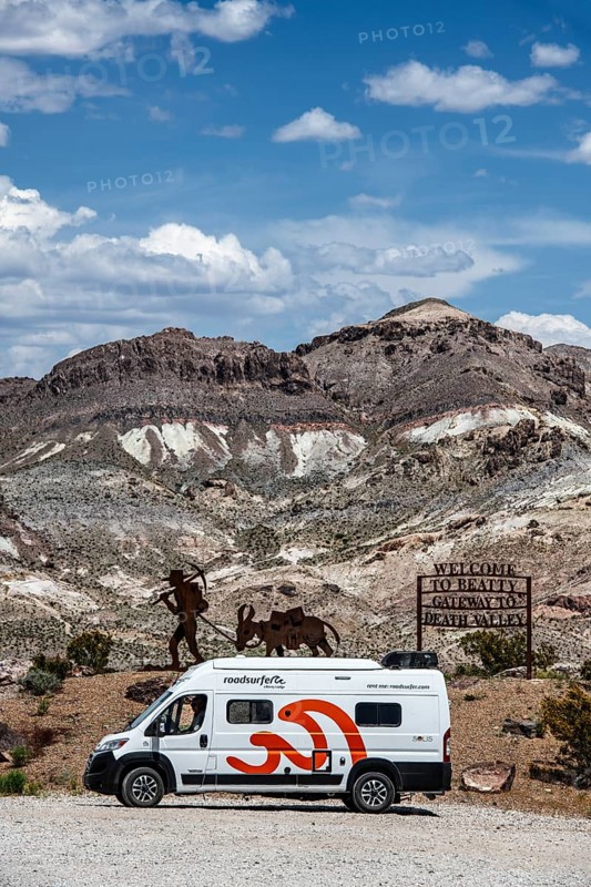 Gold miner's corten steel artwork, Beatty, Nevada, USA, North America