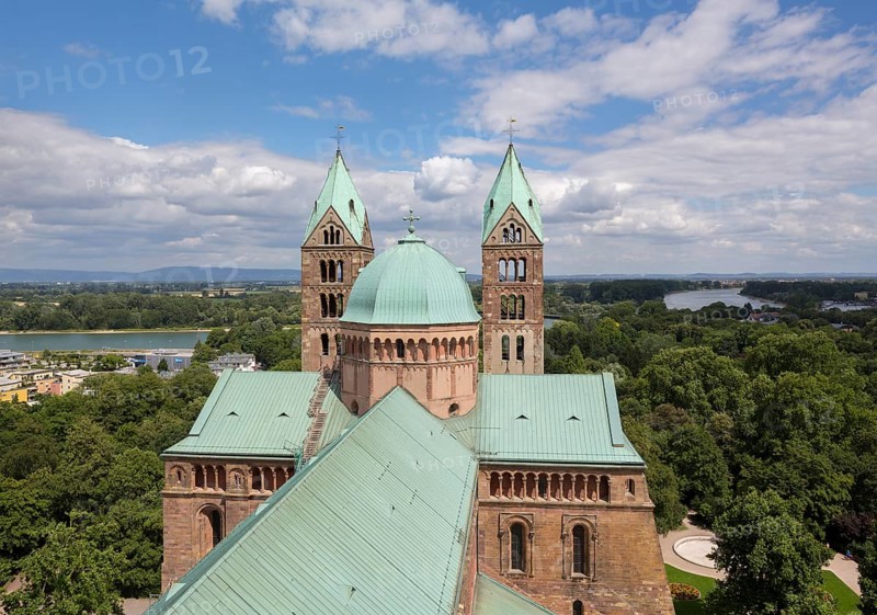 Speyer, Cathedral Church of St Mary and St Stephen, Speyer Cathedral, Imperial Cathedral, view from the south-west tower to the crossing, the Rhine in the background