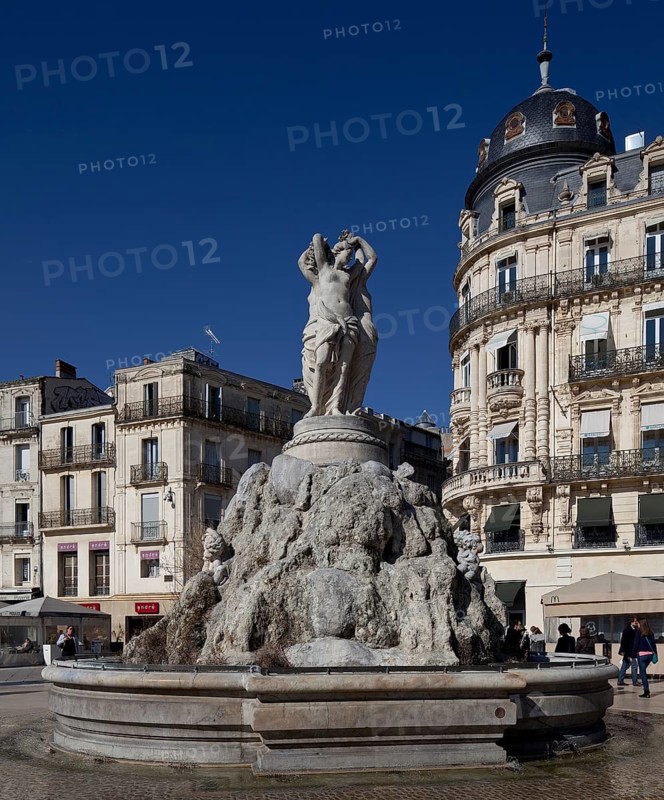 Montpellier, Place de la Comédie, fountain THE THREE GRACIES, Euphrosyne (the cheerful one), Thalia (the blooming one) and Aglaia (the radiant one) created in 1773 by Etienne d' Antoine