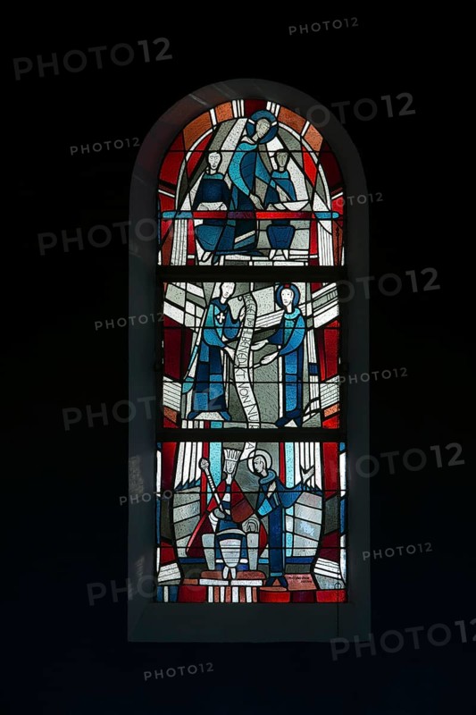 Stained glass window by Ernst Jansen-Winkeln in the left (eastern) aisle, scenes from the life of St Benedict of Aniane, St, Saint, Saint
