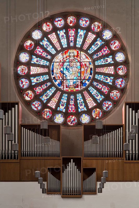 Chancel with Marian rosette, stained glass window by Ernst Jansen-Winkeln, St., Sankt, Saint