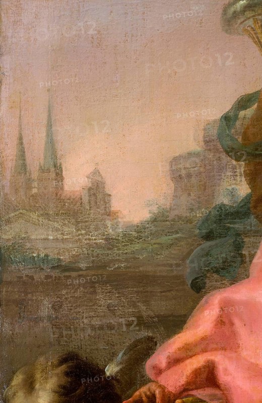 Wall painting by Stefano Torelli: Allegorical figures of the virtues of the councillors, church in the background, St., Sankt, Saint