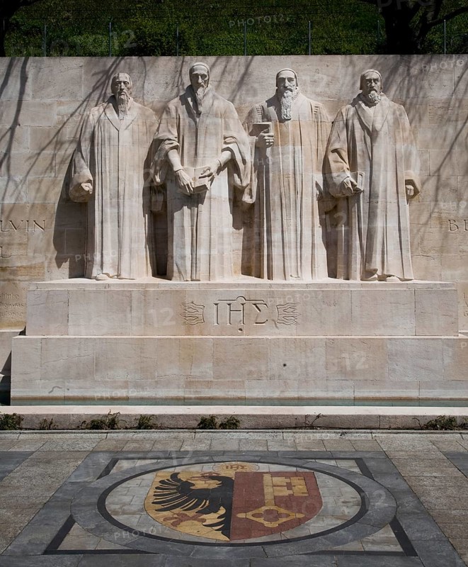 International monument to the Reformation with monumental figures of Guillaume Farel, John Calvin, Théodore de Bèze, John Knox