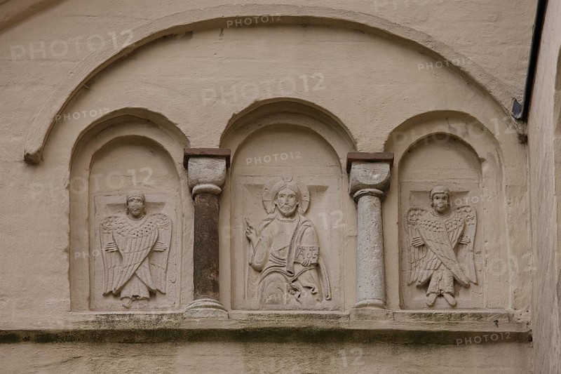 Relief of Christ between angels on the west gable of the north aisle, St., Sankt, Saint