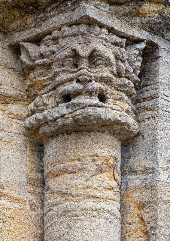 Sherborne Abbey, south portal, impost zone, capital with leaf mask