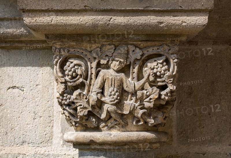 Brauweiler near Pulheim, St Nicholas Abbey Church, cloister, south portal, figurative capital on a half-column, wine drinker with vines