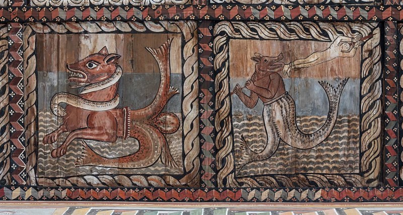 Zillis, village church of St Martin, Romanesque wooden ceiling with biblical depictions, sea monsters and fantasy creatures
