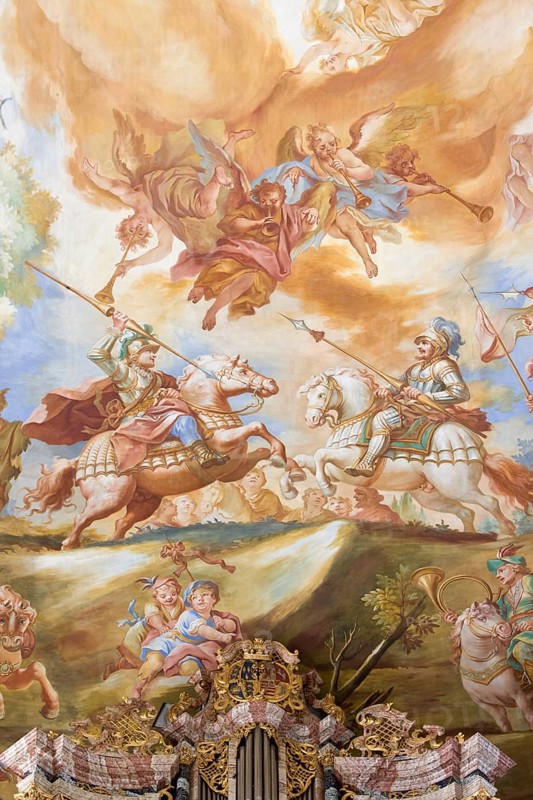 Ceiling painting in the nave: duel of knights on horseback above the organ, St., Saint, Saint