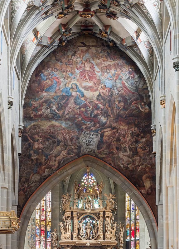 Überlingen, parish church of St Nicholas, view to the east, wall above the choir arch with fresco (The Last Judgement) by Jacob Carl Stauder 1722