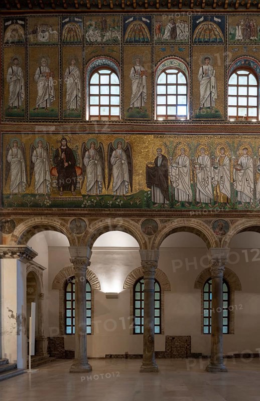 Ravenna, Basilica di Sant' Apollinare Nuovo, south wall with mosaic: Procession of the Martyrs, Christ enthroned between four angels