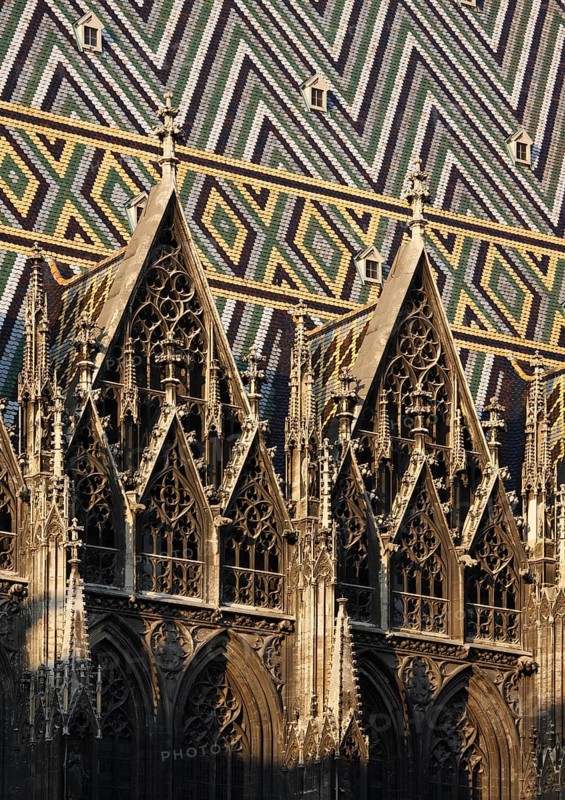Wimperge and coloured roof tiles on the south side, St., Sankt, Saint