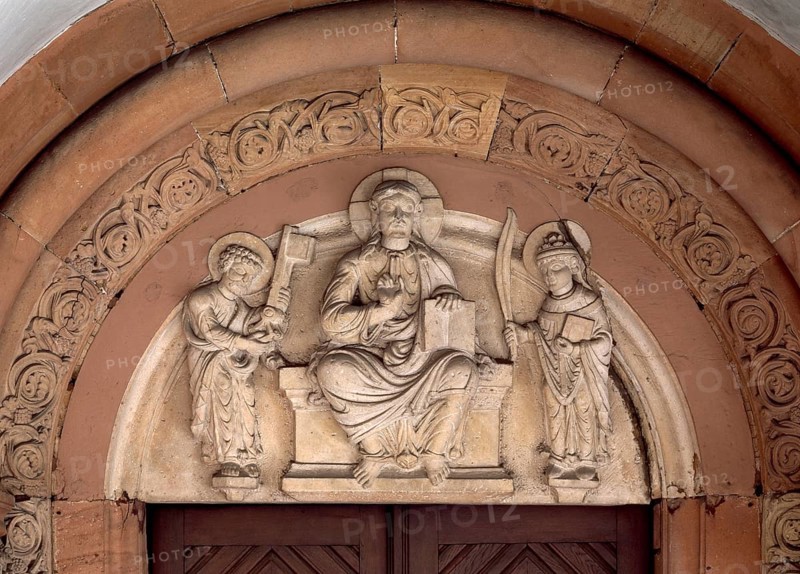 Romanesque tympanum on the side portal.Stiftsbasilika Peter und Alexander, Aschaffenburg, St., Sankt, Saint