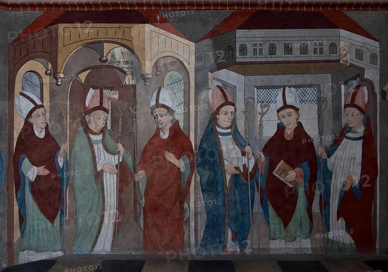 Wall painting in the choir from left: Bishops Rudolf, Lutho von Baldersheim, Christian, Heinrich, Albert, St., Sankt, Saint