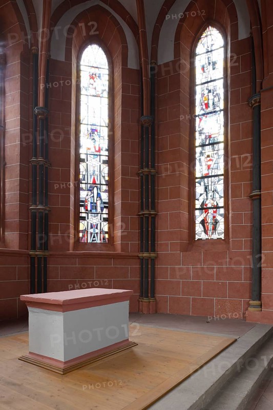 Choir room with altar mensa and windows Church of St., Church of St., St., St., Saint