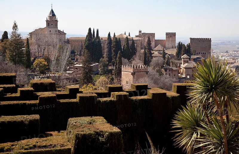 Generalife, view from the new gardens to the main part of the Alhambra, on the left the church of Sta Maria, St., St., Saint