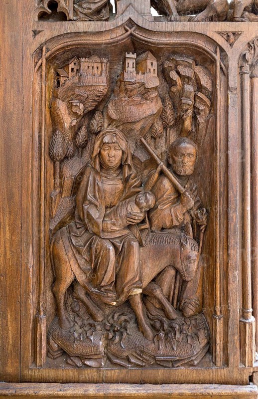 Constance, Minster, choir stalls, sculptors Heinrich Yselin and Simon Haider around 1470, stall cheek with flight to Egypt