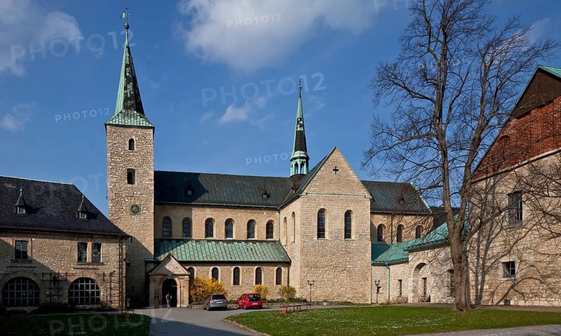 Huysburg near Halberstadt, Benedictine monastery church, view from south, built 11th-12th century, spires 1487, porch 1756, ridge turret 1886, right cloister south wing 12th century, St., Sankt, Saint