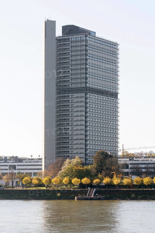 Former high-rise parliament building Langer Eugen, built 1966-1969 by Egon Eiermann, today headquarters of United Nations organisations, view over the Rhine