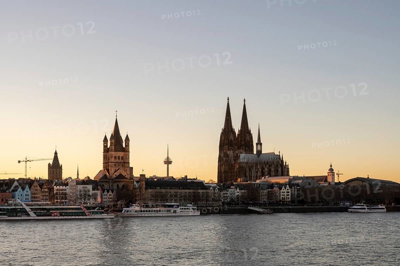 Cologne, view from the right side of the Rhine to the cathedral, St Martin's Cathedral and the town hall