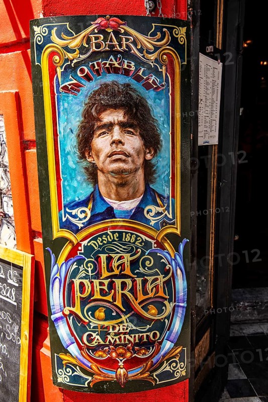 Diego Maradonna on poster at El Caminito, La Boca, Buenos Aires, Argentina, South America