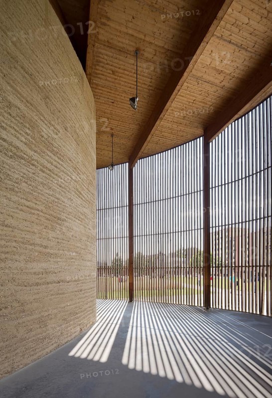 Built in 2000 by Peter Sassenroth and Rudolf Reitermann, rammed earth work: Martin Rauch, rammed earth core, St., Sankt, Saint