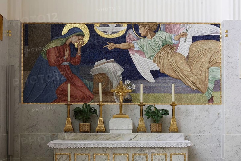 Side altar with mosaic, angel, Annunciation scene, St., Saint, Saint