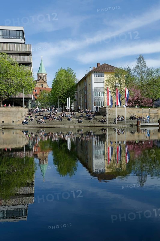 Sunbathing on the banks of the Neckar, relaxing, chilling, spring, Heilbronn, Neckar valley, Neckar, city, urban, town, Germany, Europe