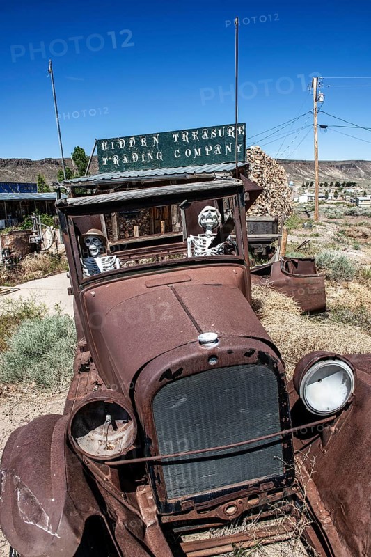 Fort T model with skeletons in the ghost town of Goldfield, Nevada, USA, North America