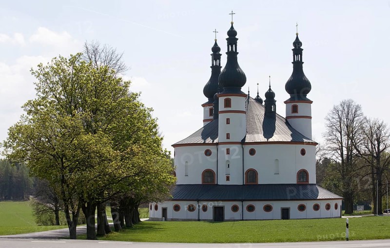 Waldsassen Holy Trinity Church Kappl. Pilgrimage church built in 1689 by architect Georg Dietzenhofer. Exterior façade backlit, St., Sankt, Saint