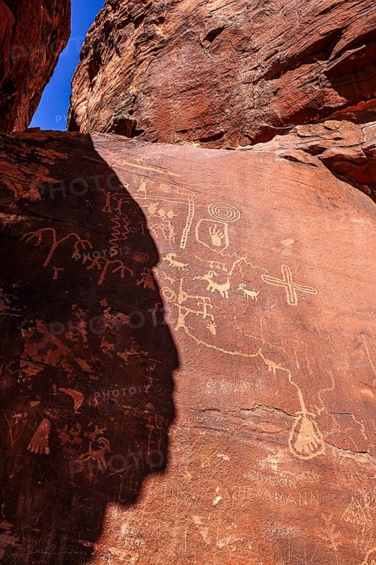Atlatl Rock with rock carvings of the Nuwu and Southern Paiute, petroglyphs, Valley of Fire State Park, Nevada, USA, North America