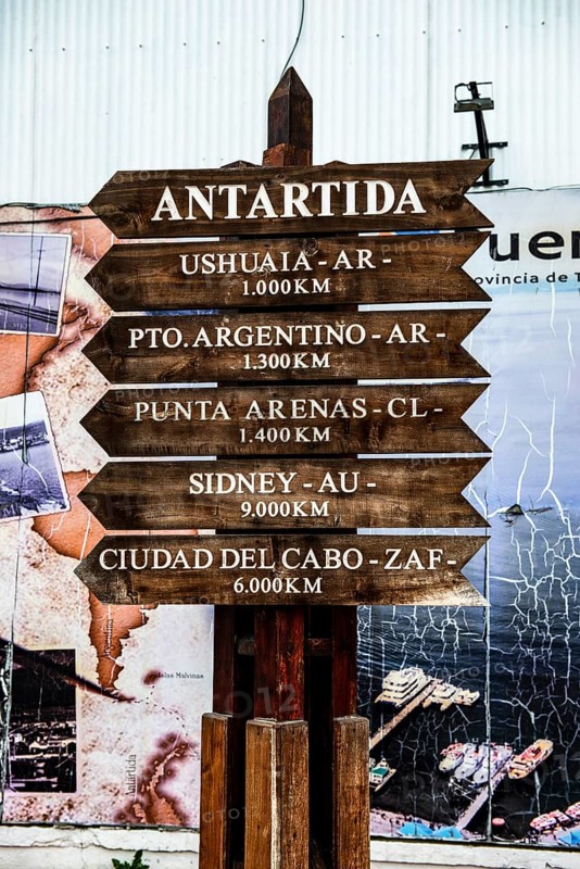 Milemarker to Antarctica, harbour of Ushuaia, Argentina, South America