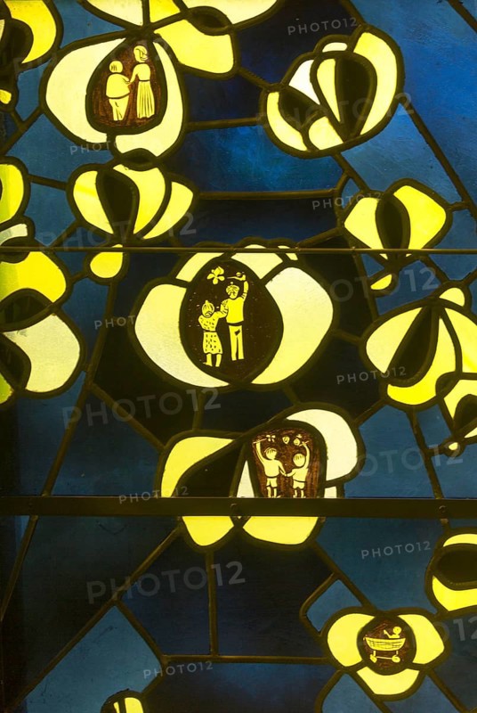 Built in 1954-1955 by Gottfried Böhm, window wall behind the altar, section with roses and depiction of the Böhm family