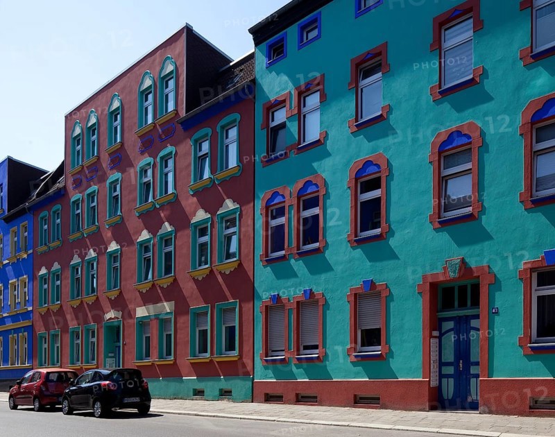 Magdeburg Otto-Richter-Straße southern part built 1904-16 colourfully redesigned from 1921 by Bruno Taut and Carl Krayl façade reconstruction c a 2005-15