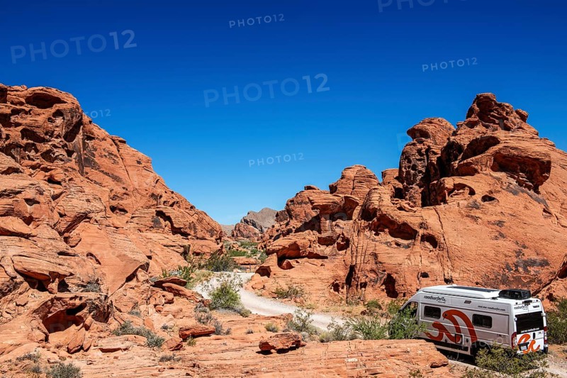 Motorhome at Atlatl Rock Campground, Valley of Fire State Park, Nevada, USA, North America