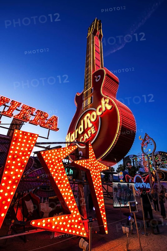 The Hard Rock Cafe neon guitar was modelled on Pete Townsend's Gibson Les Paul guitar from The Who, Boneyard, Neon Museum, Las Vegas, Nevada, USA, North America